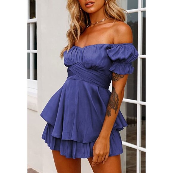 Dark Blue Ruffle‎ Short Sleeve Off Shoulder Layered Romper Short Jumpsuit - Picture 1 of 6